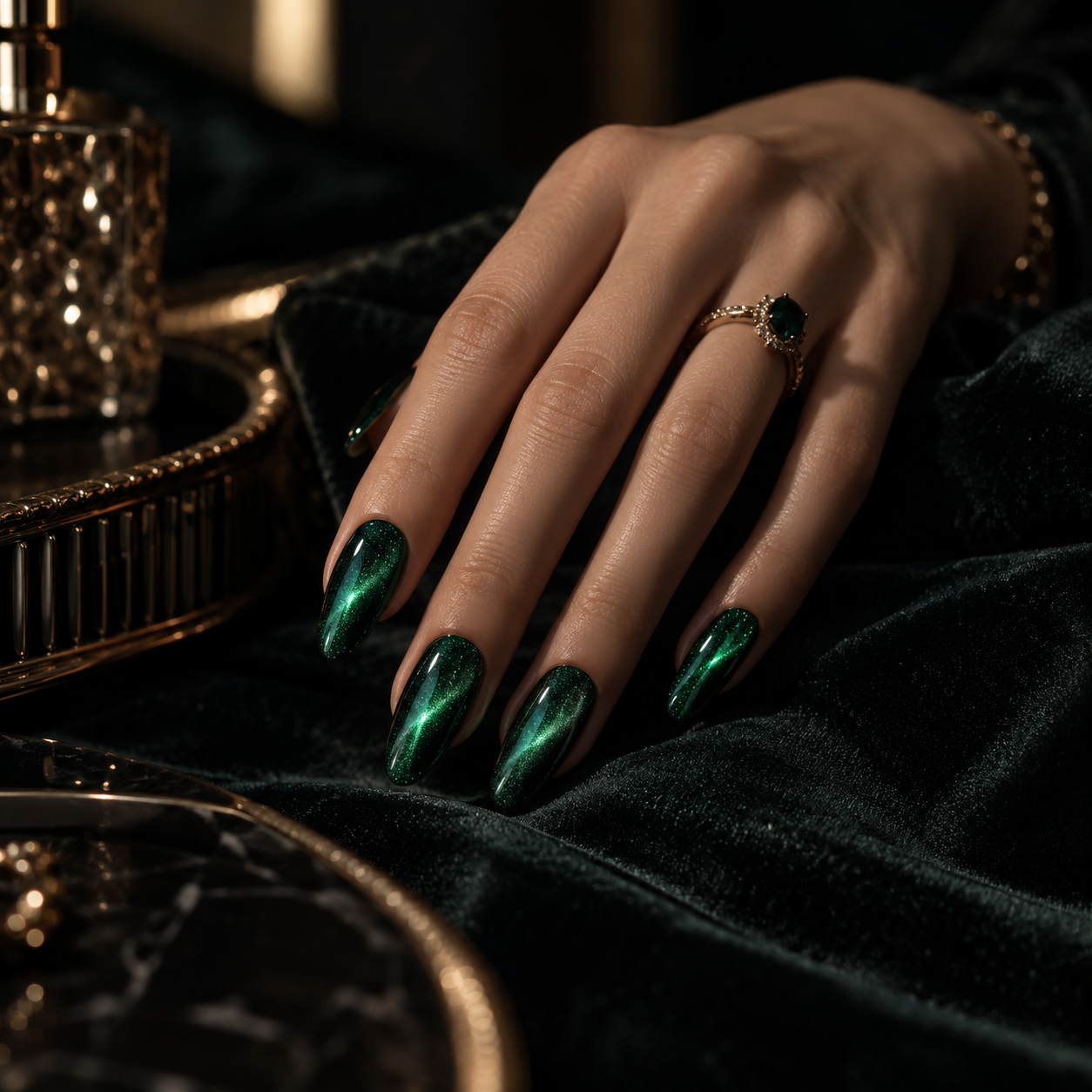 Szmaragdowy manicure Cat Eye