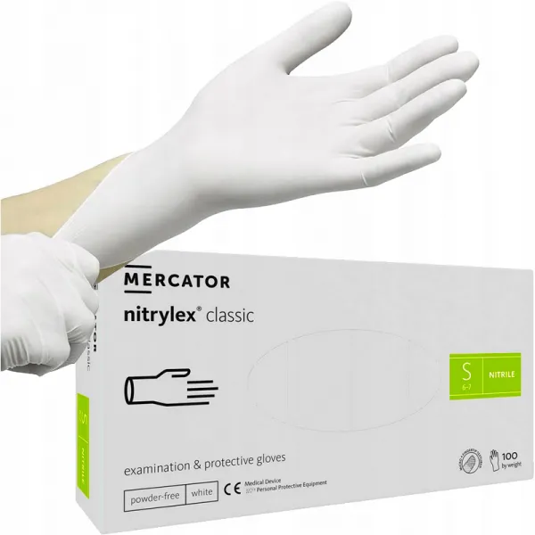 Mercator Rękawiczki Nitrylowe S White 100 szt/ 50 par