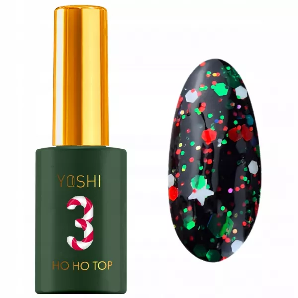 Yoshi Top Hybrydowy Do Paznokci HoHoTop 10ml No.03 Czerwone Zielone Drobiny