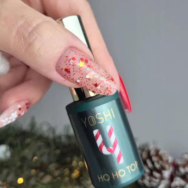 Yoshi Top Hybrydowy Do Paznokci HoHoTop UV/LED 10 ml No.04 Czerwone Drobiny