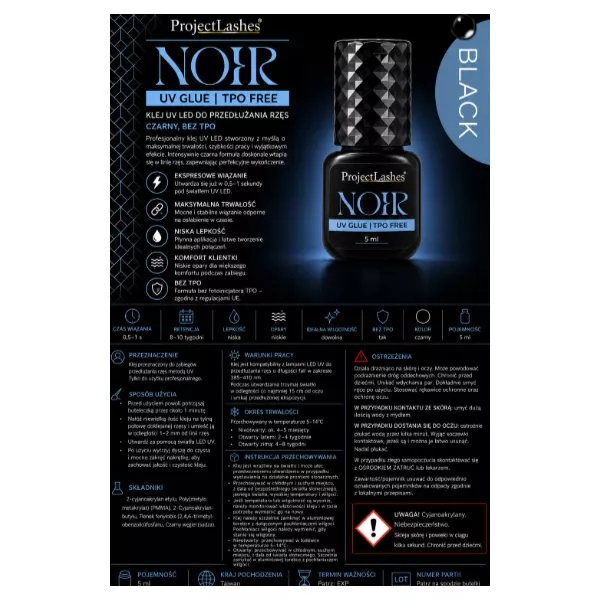 ProjectLashes Klej do przedłużania rzęs NOIR UV LED Czarny bez TPO 5ml