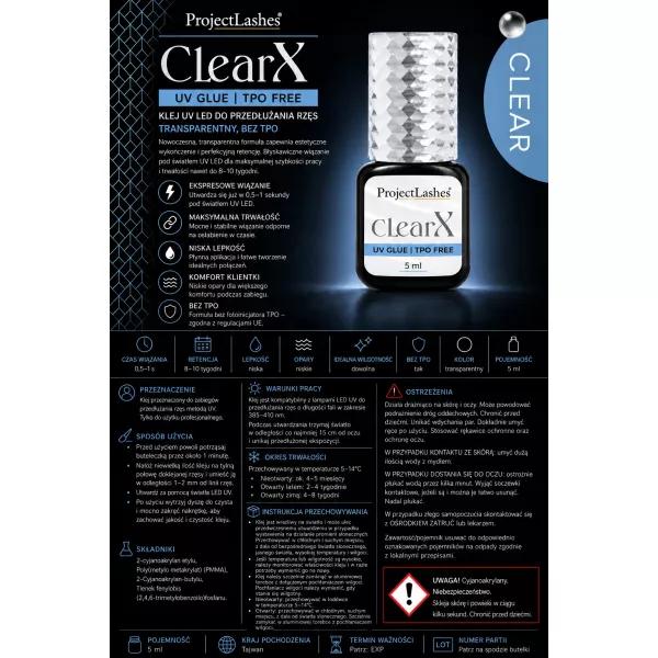 Klej do przedłużania rzęs UV ProjectLashes ClearX przeźroczysty 5ml bez TPO