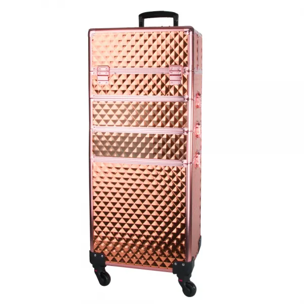 Kuferek kosmetyczny XXXL 4w1 walizka na kółkach obrotowych 360 stopni - Diamond 3D rose golden